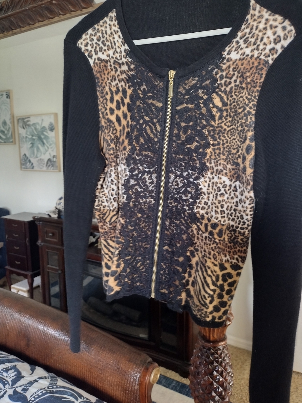SHEIN Black and Leopard Print Zip Front Blazer